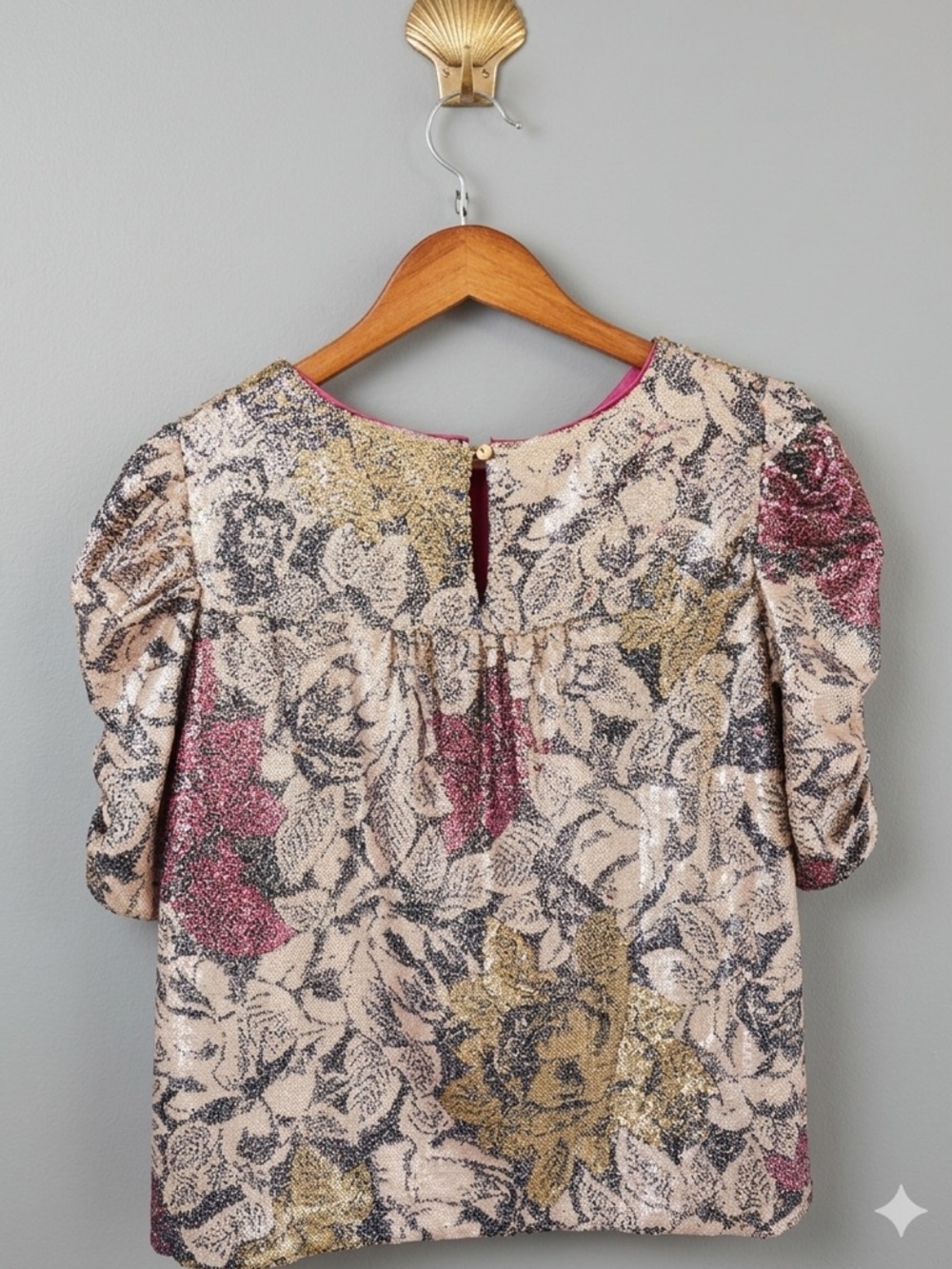Anthropologie Marie Floral Sequin Puff Sleeve Top 12 Pink Gold Summer Wedding - Picture 3 of 9